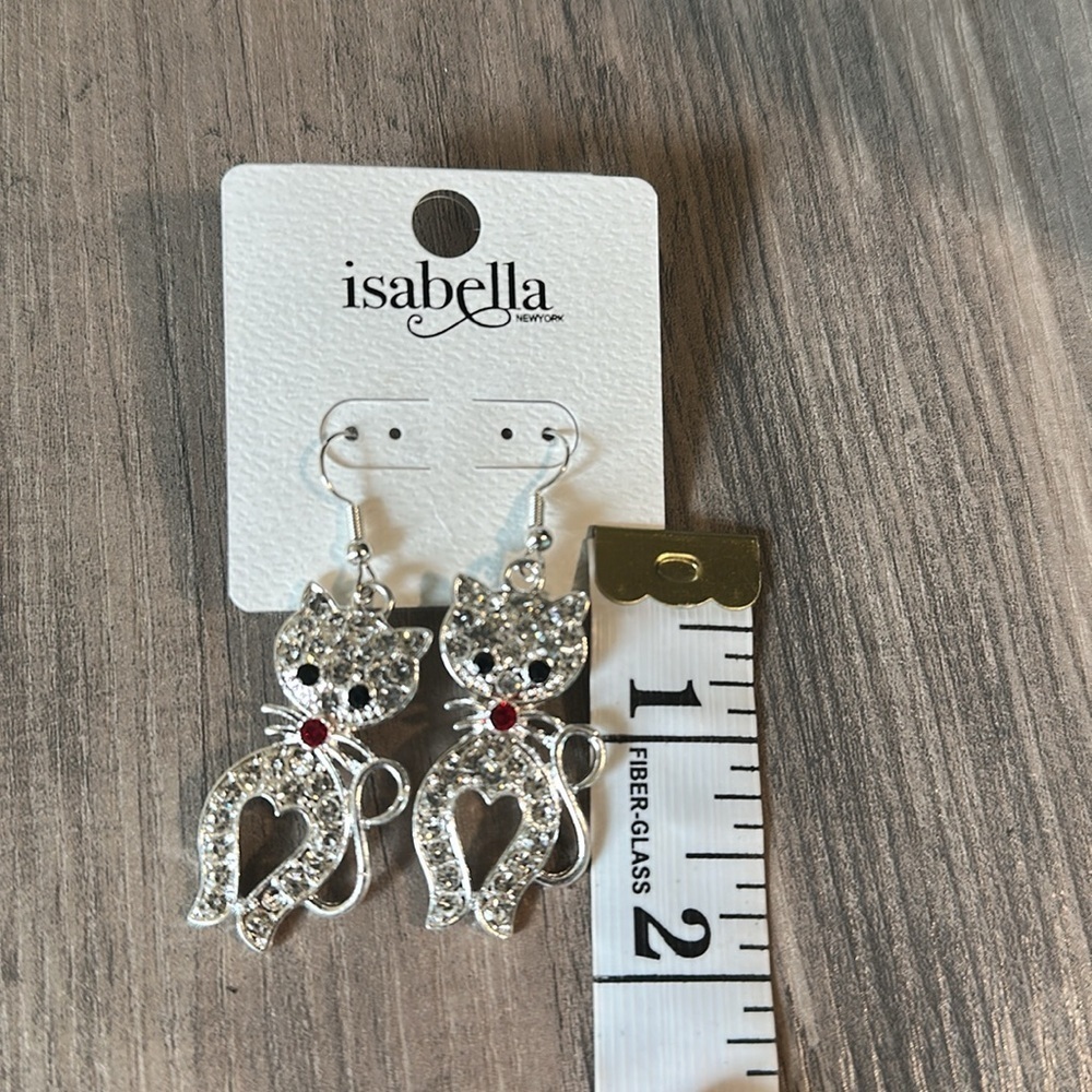 Isabella New York Cat Dangle Earrings Silver Crystal Red Bow - Picture 5 of 5